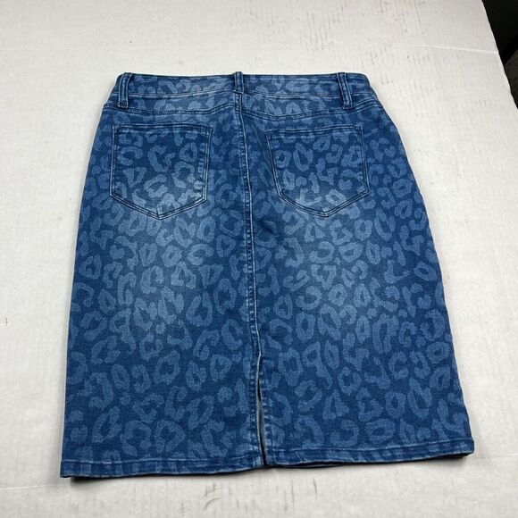 New York & Company Stretch Denim Pencil Skirt Blue Cheetah Print Slim Fit Size 8 - Picture 9 of 10